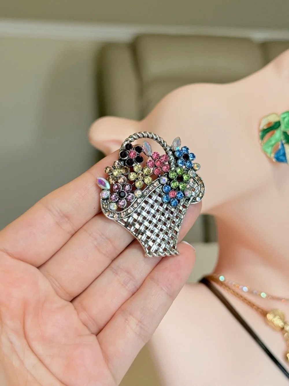Multicolor Crystal Basket Brooch